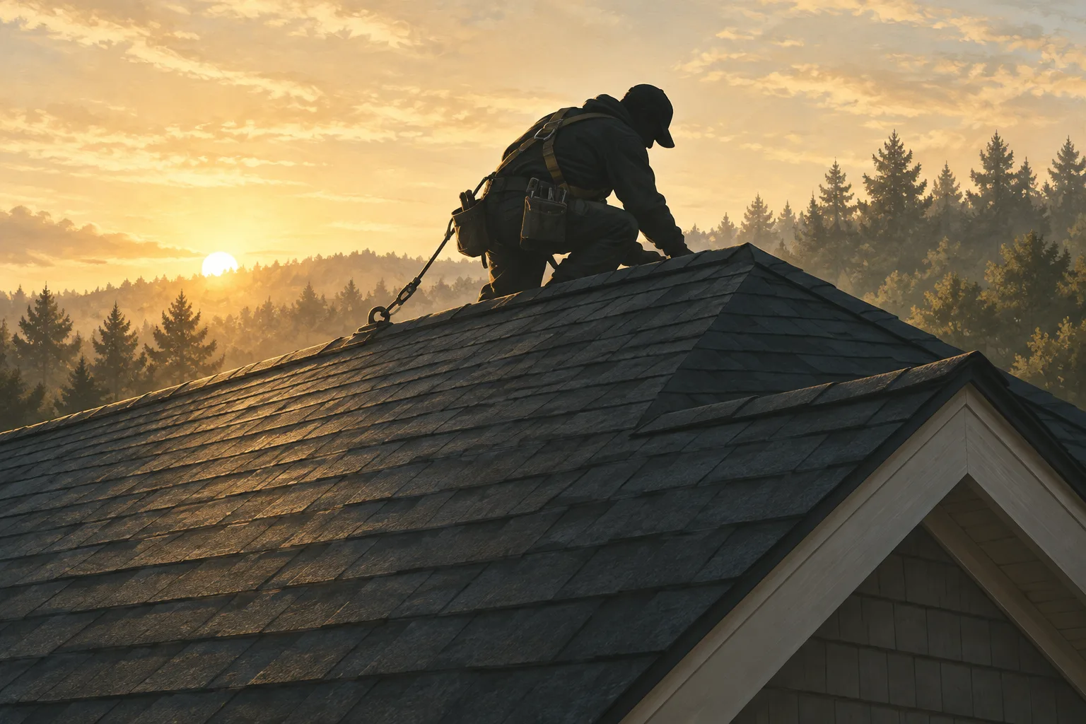Anonymous backlit roofer crouched on a shingle roof at sunrise