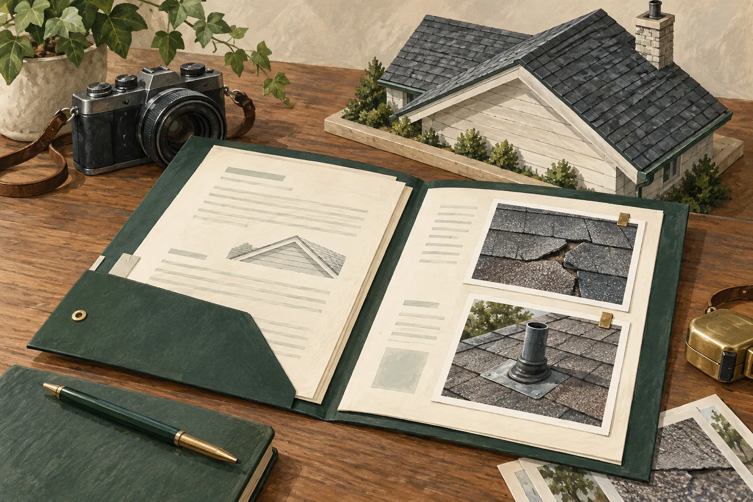 Roof-condition record folder, detail photographs, camera and roof model