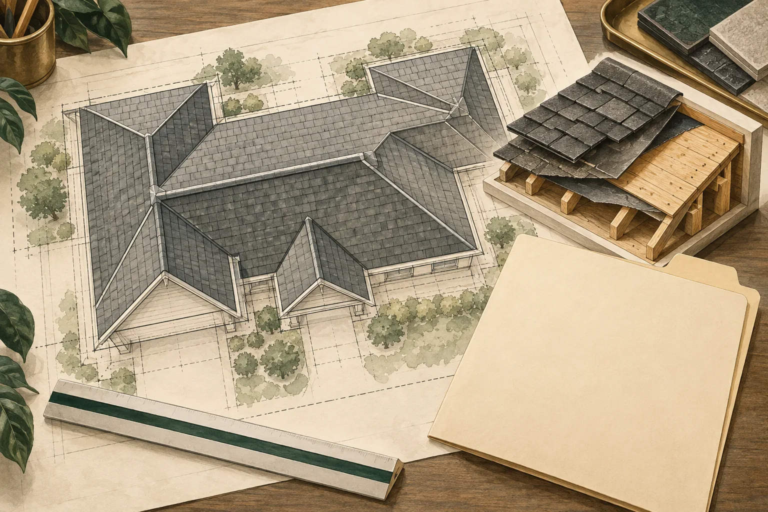 Roof plan, removed covering above the deck, and an administrative folder