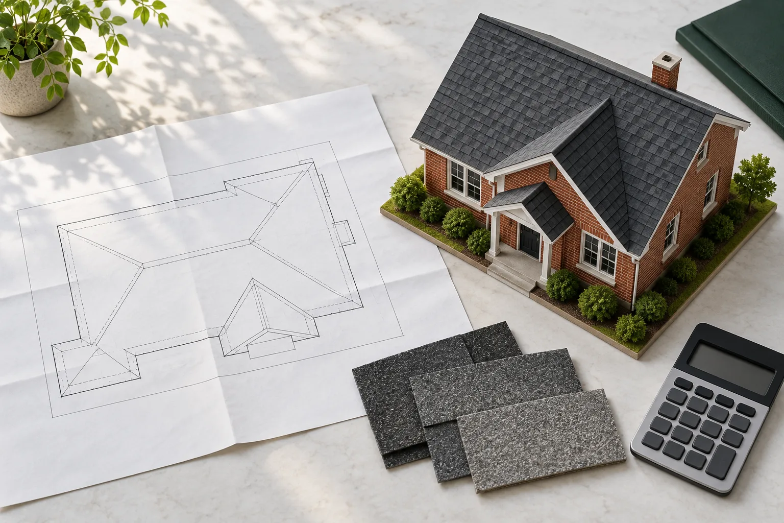 House roof model, roof plan, shingle samples and calculator