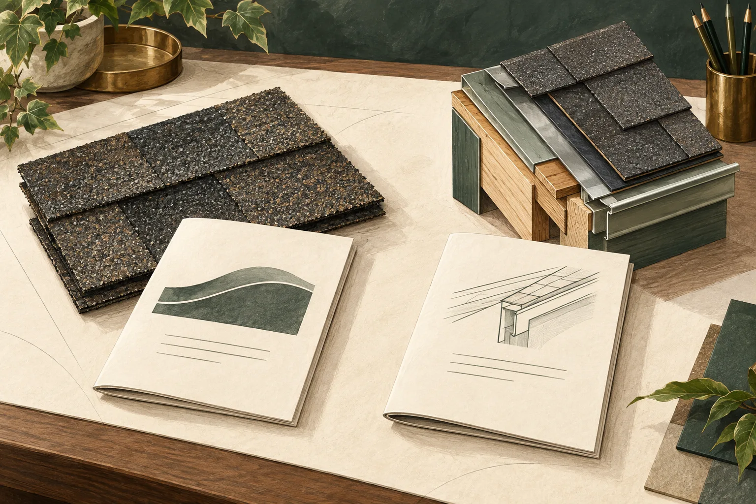 Separate material and installation documents beside a shingle sample and roof-edge model